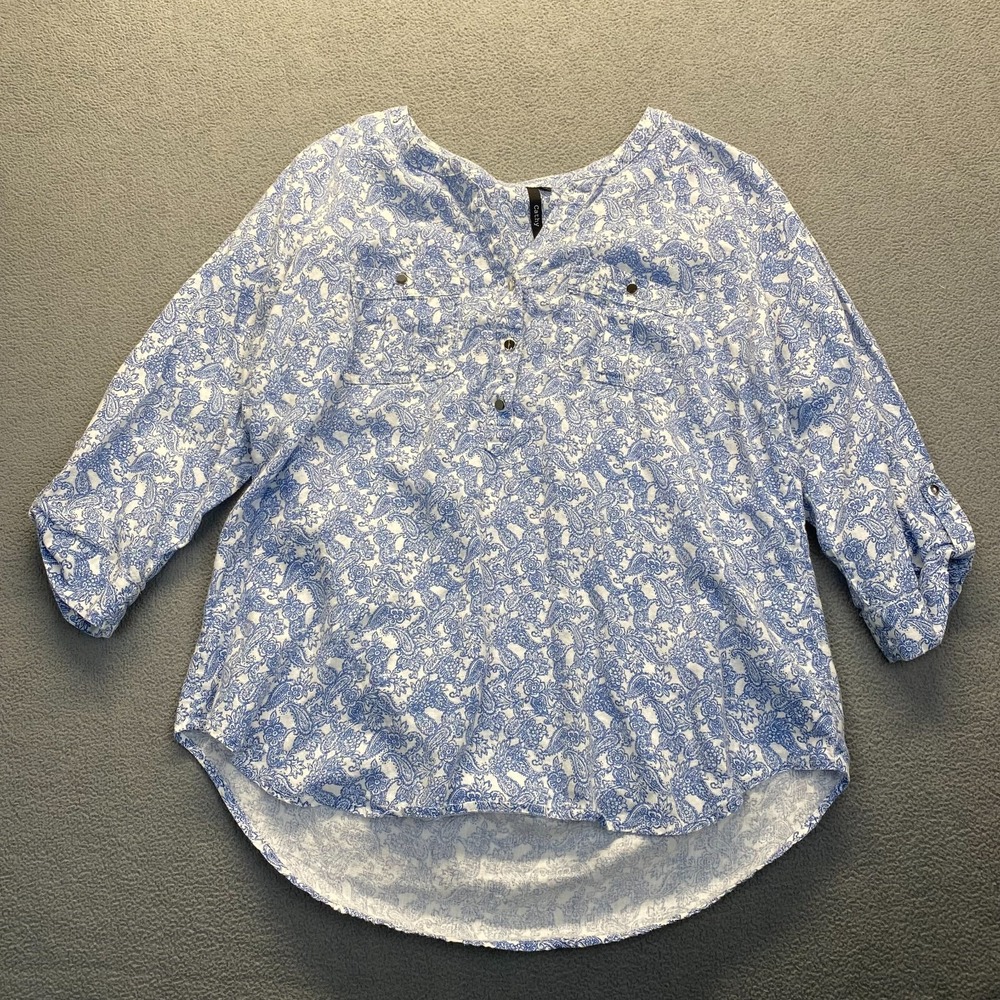 Cathy Women Top Blouse Shirt Size Large White Blue,55% Linen,Floral,Pockets